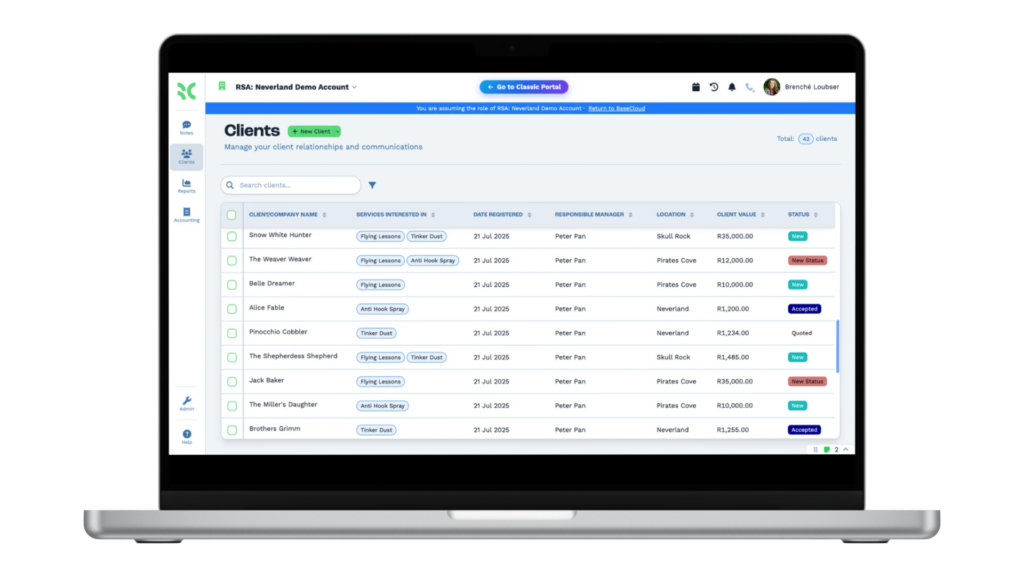 A client record in BaseCloud CRM, with calls, messages and tasks in one place