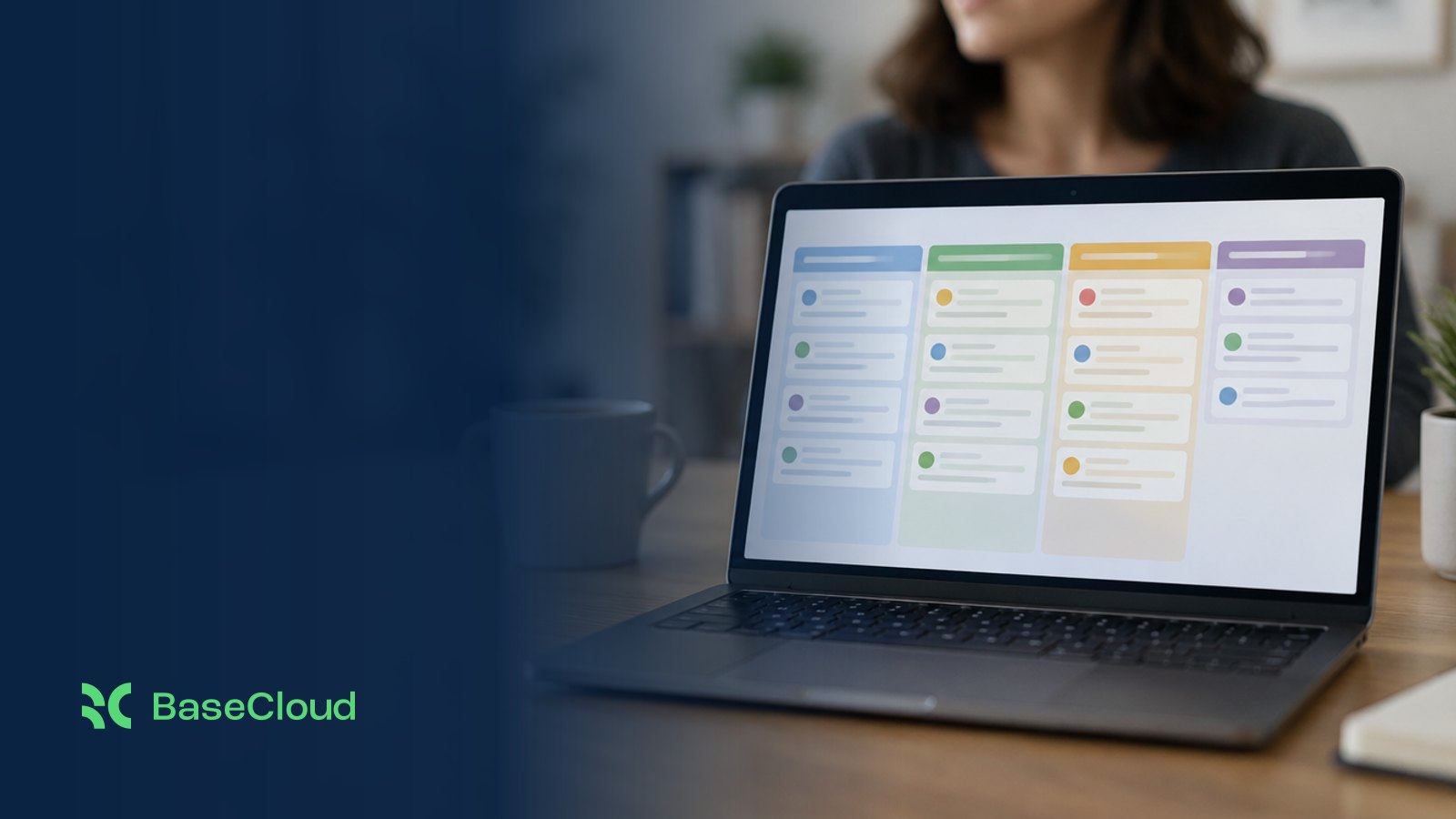 A laptop showing a CRM pipeline board with sales cards in four stage columns